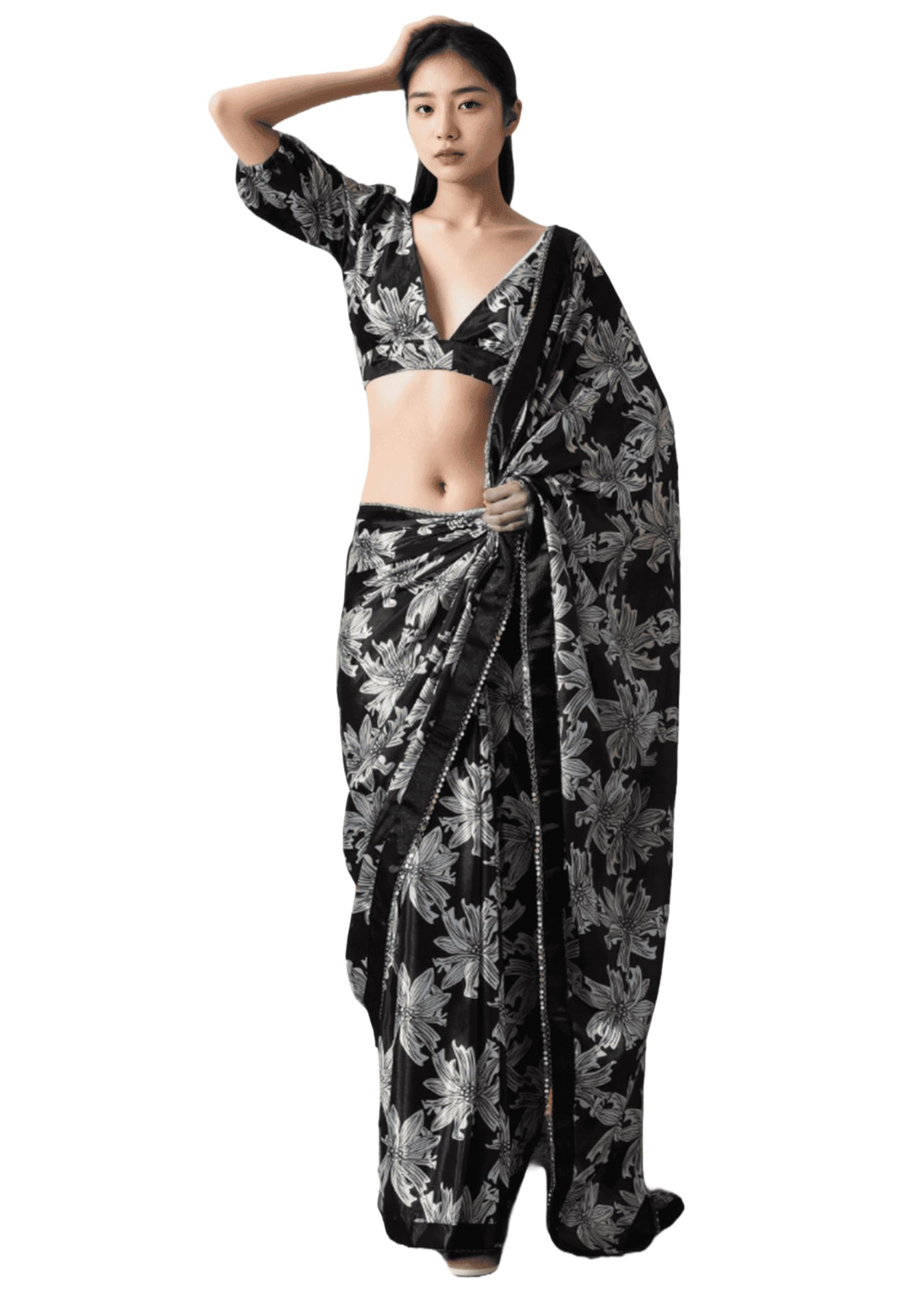 Sari chinnon imprimé fluide au drapé unique et blouse moderne collection femmes 13007