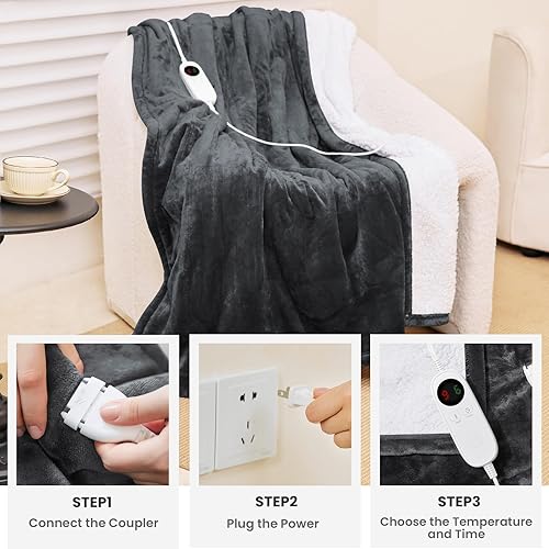 Miniatura 3 de HYLEORY Manta térmica Sherpa eléctrica para invierno, 6 ajustes de calor, con temporizador de 9 horas, apagado automático, sofá del hogar, lavable a