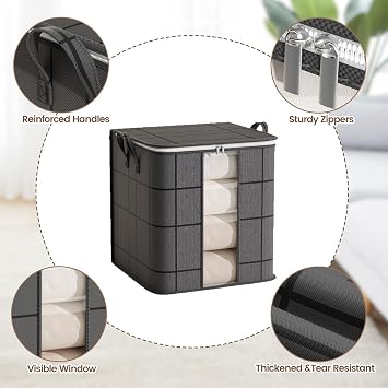 3 Pack 100 L Black Clothes Storage Bags, Collapsible Closet Organizers