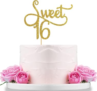 Gold Glitter Sweet 16 Cake Topper - Happy 16th Birthday Party Decoration Supplies - Sweet Sixteen Cake Topper