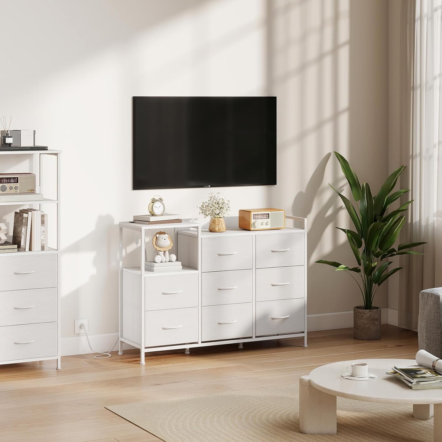 Somdot White Dresser for Bedroom with 8 Drawers,Wide Fabric Night Stand for Storage and Organization with Fabric Bins,Chest of Drawers for Bedroom Chest of Drawers for Living Room Entryway