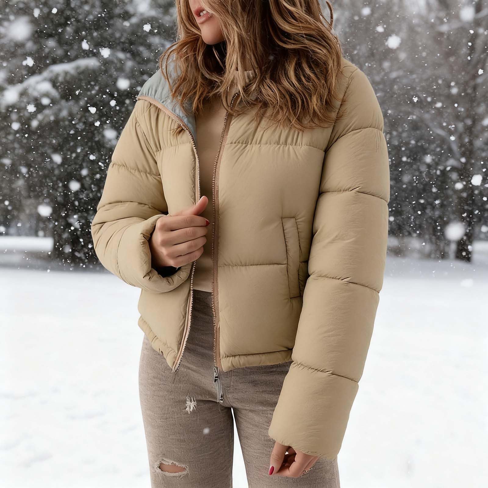 Vestes matelassées courtes pour femme – Manteaux matelassés et réversibles – Manteau d'hiver chaud en duvet – Manteau à capuche avec col montant et fermeture éclair – Manteau léger et décontracté