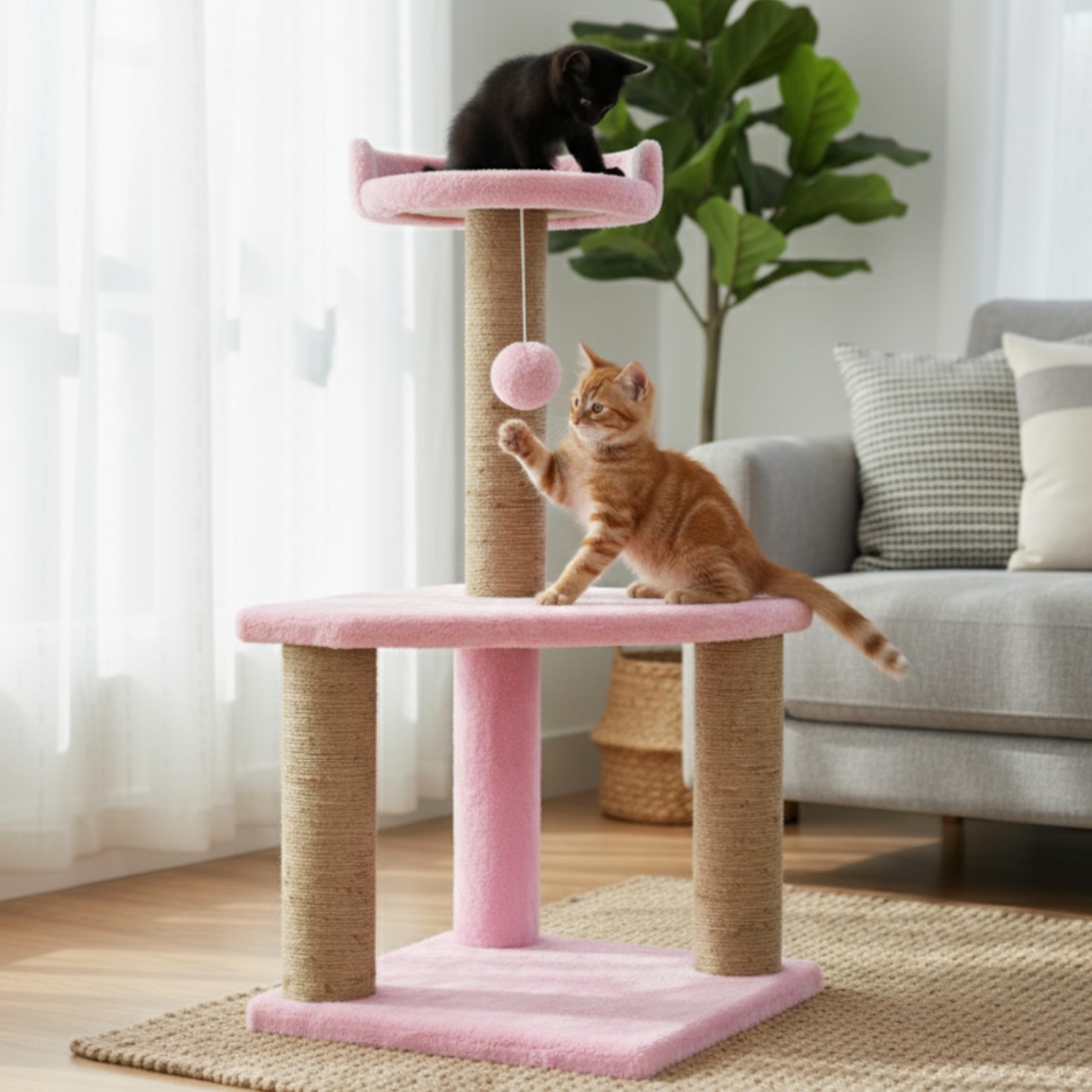 FURRLOVERS Soft Fur Activity Cat Tree for Kittens & Cats - Scratching Post, Natural Sisal Rope, Two Floor Tower, Hanging Ball (Height 32 Inch) (Pink - FURR-32) 2