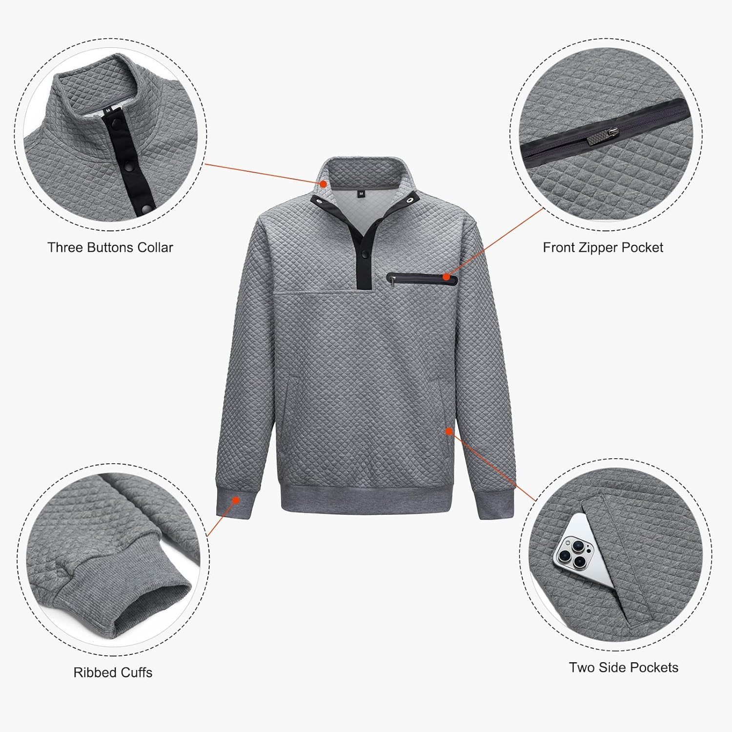 AOTORR Men's Quarter Collar Sweatshirt Casual Long Sleeve Waffle Outdoor Stand Collar Button Quilted Pullover Sweatshirts - Image 4