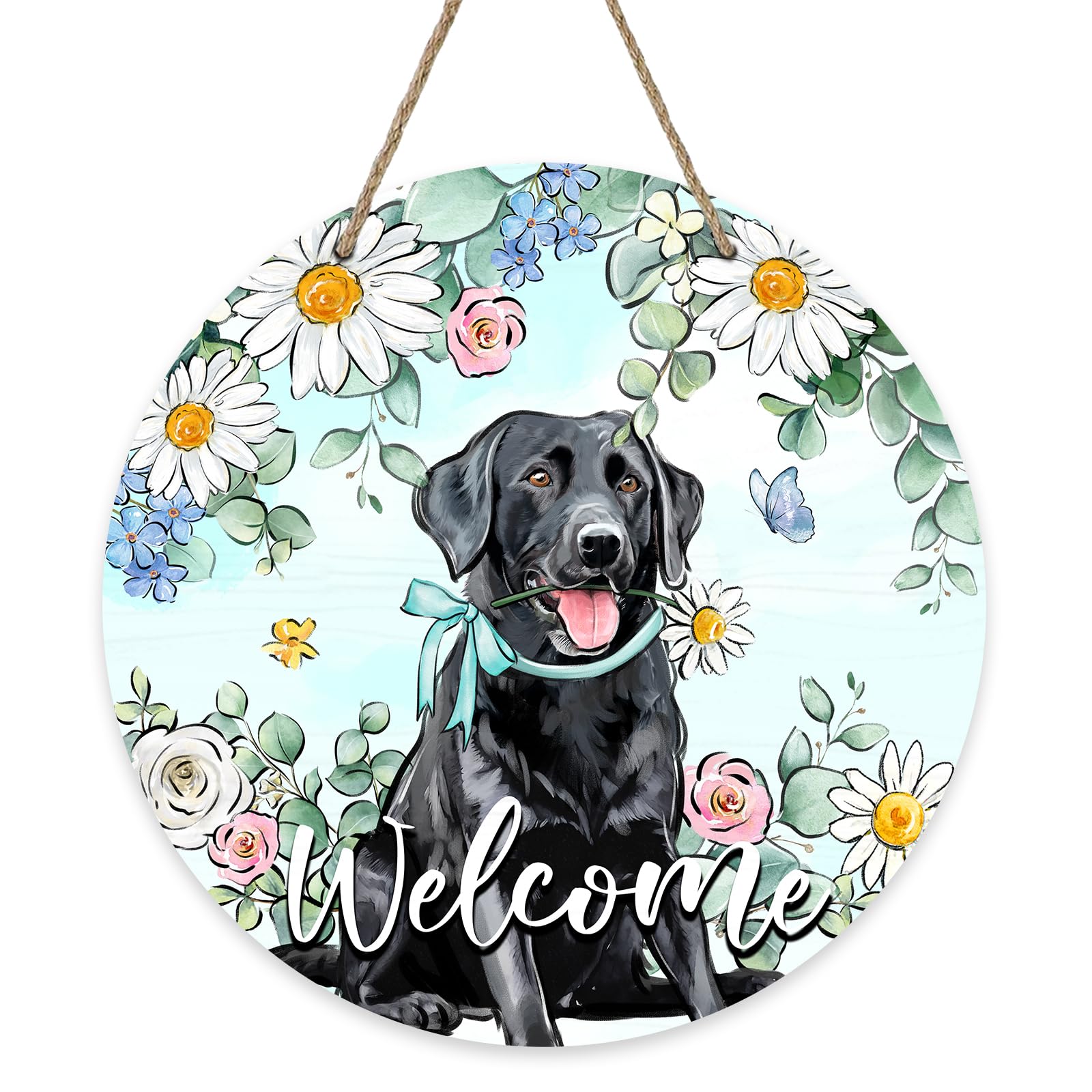Panneau de porte d'entrée Welcome Spring Summer en bois avec chiot et eucalyptus