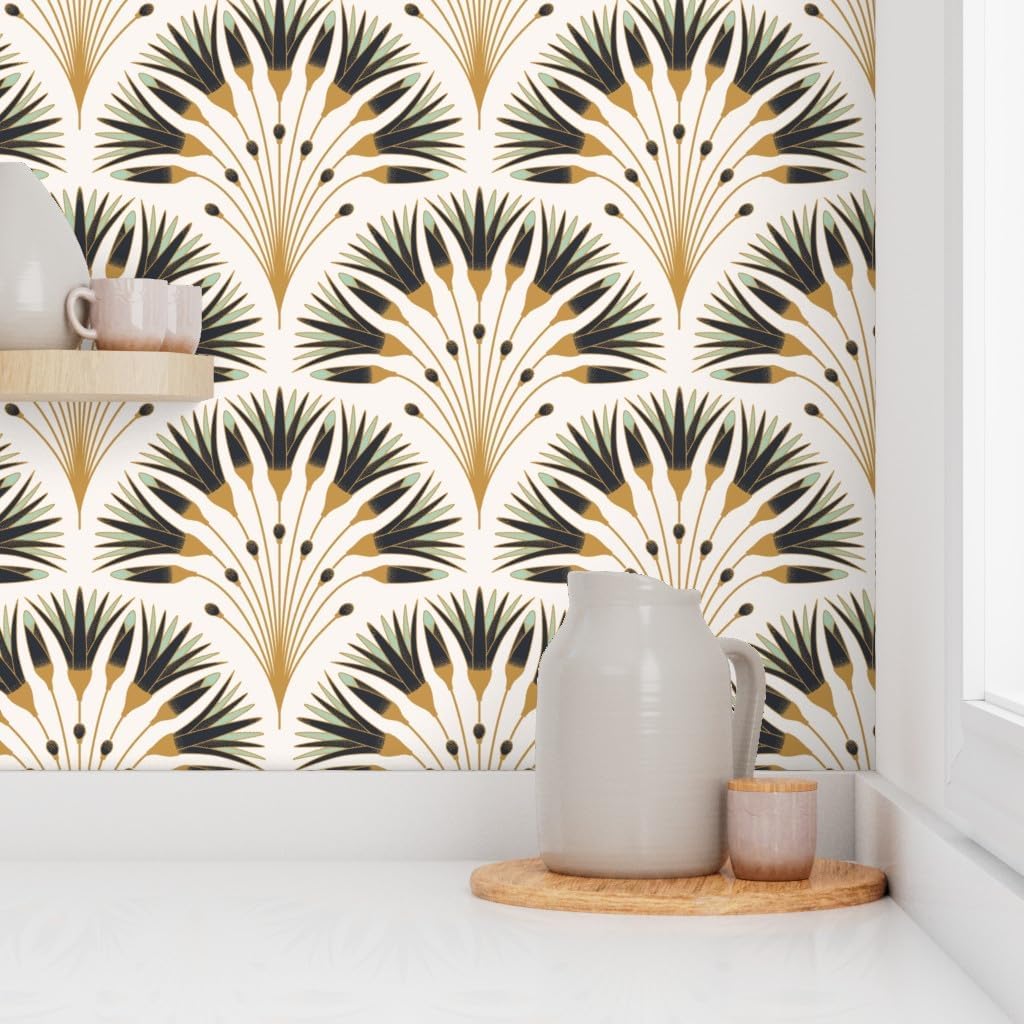 Spoonflower Peel & Stick Wallpaper 3ft x 2ft - 1920S Art Deco Flower Vintage Blue Floral Nature Gold Geometric Custom Removable Wallpaper