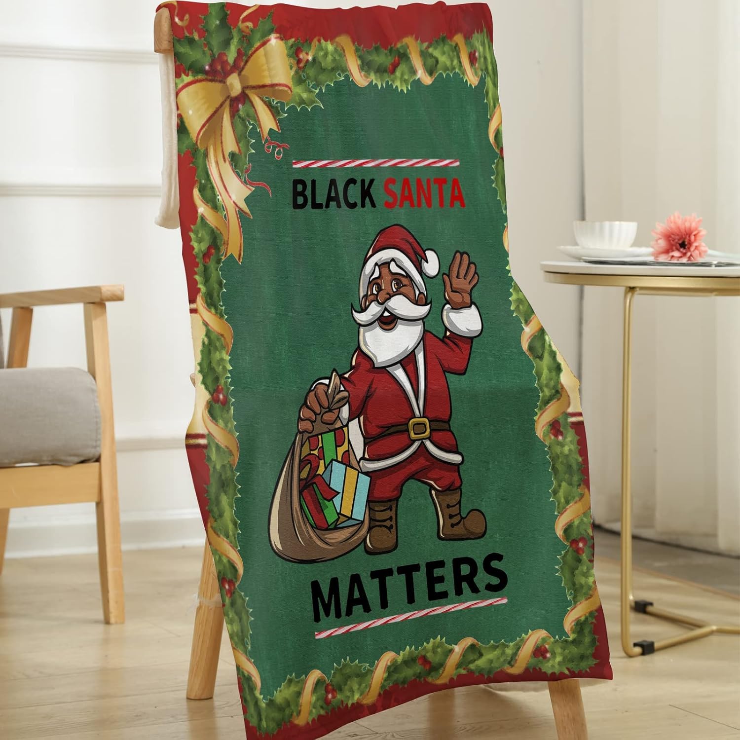 PUREFLY Black Santa Throw Blanket African American Santa Blanket Lightweight Ultra-Soft Micro Fleece Blanket for Couch Sofa Bed Kids' Rooms and Living Room Suitable 40" x 50"