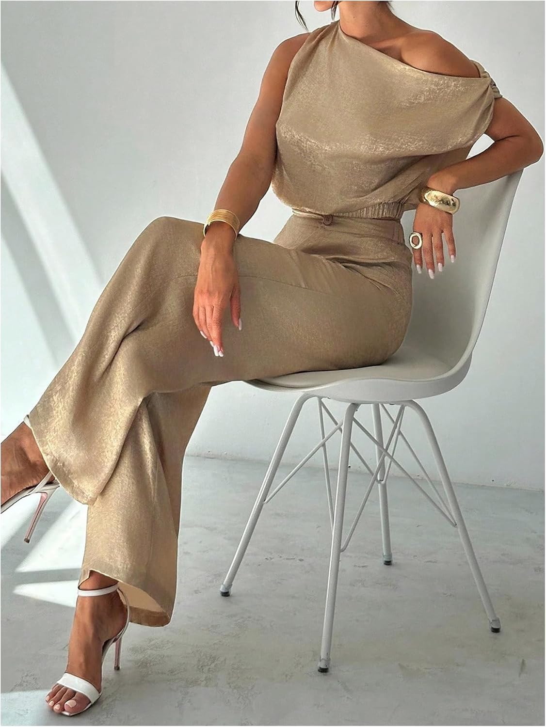 OYOANGLE Women's 2 Piece Outfits Metallic Sleeveless Asymmetrical Crop Blouse and Wide Leg Pants Set - Image 5