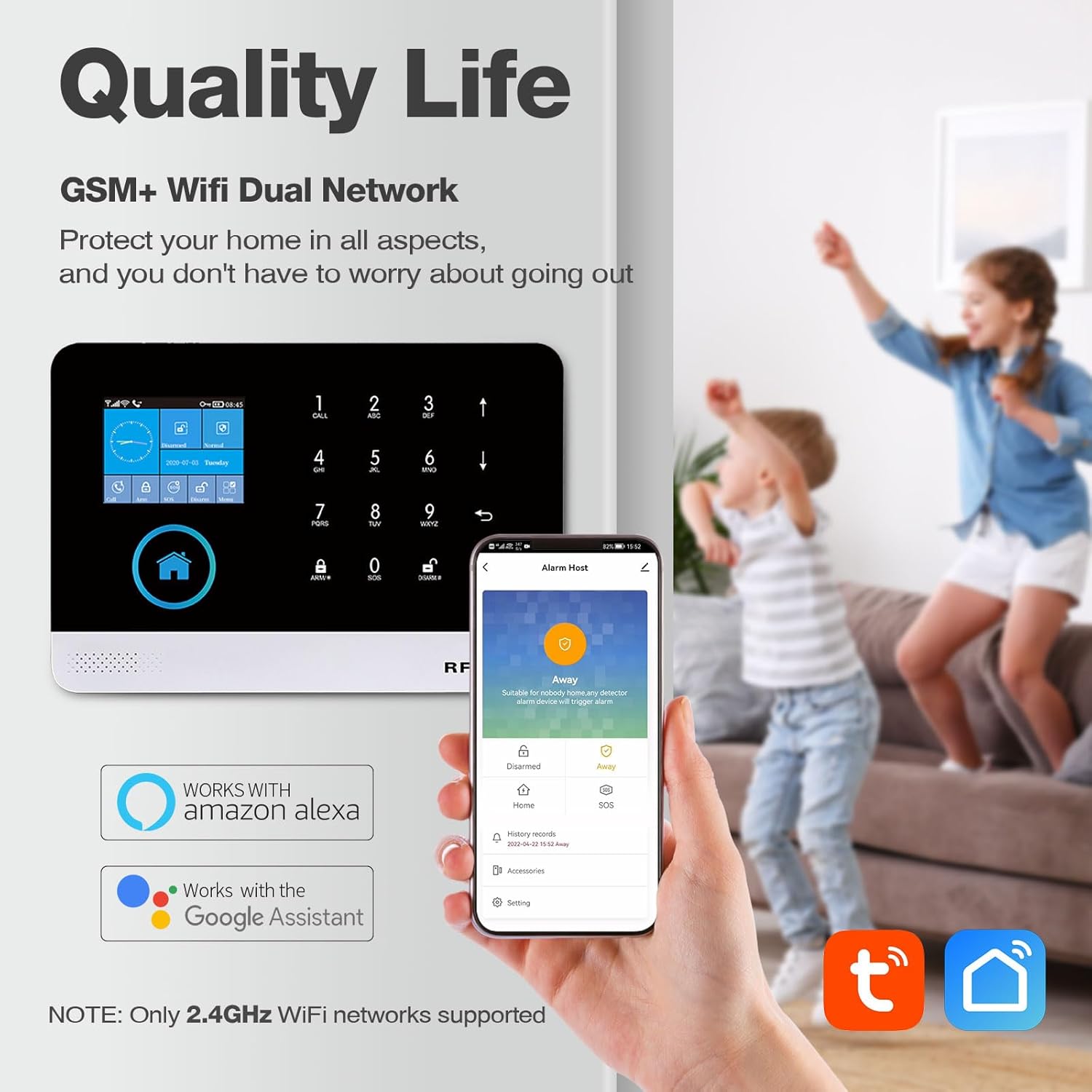 PGST Smart Alarm System showing dual network support (GSM+WiFi) and app integration with Smart Life and Tuya, compatible with Amazon Alexa and Google Assistant.