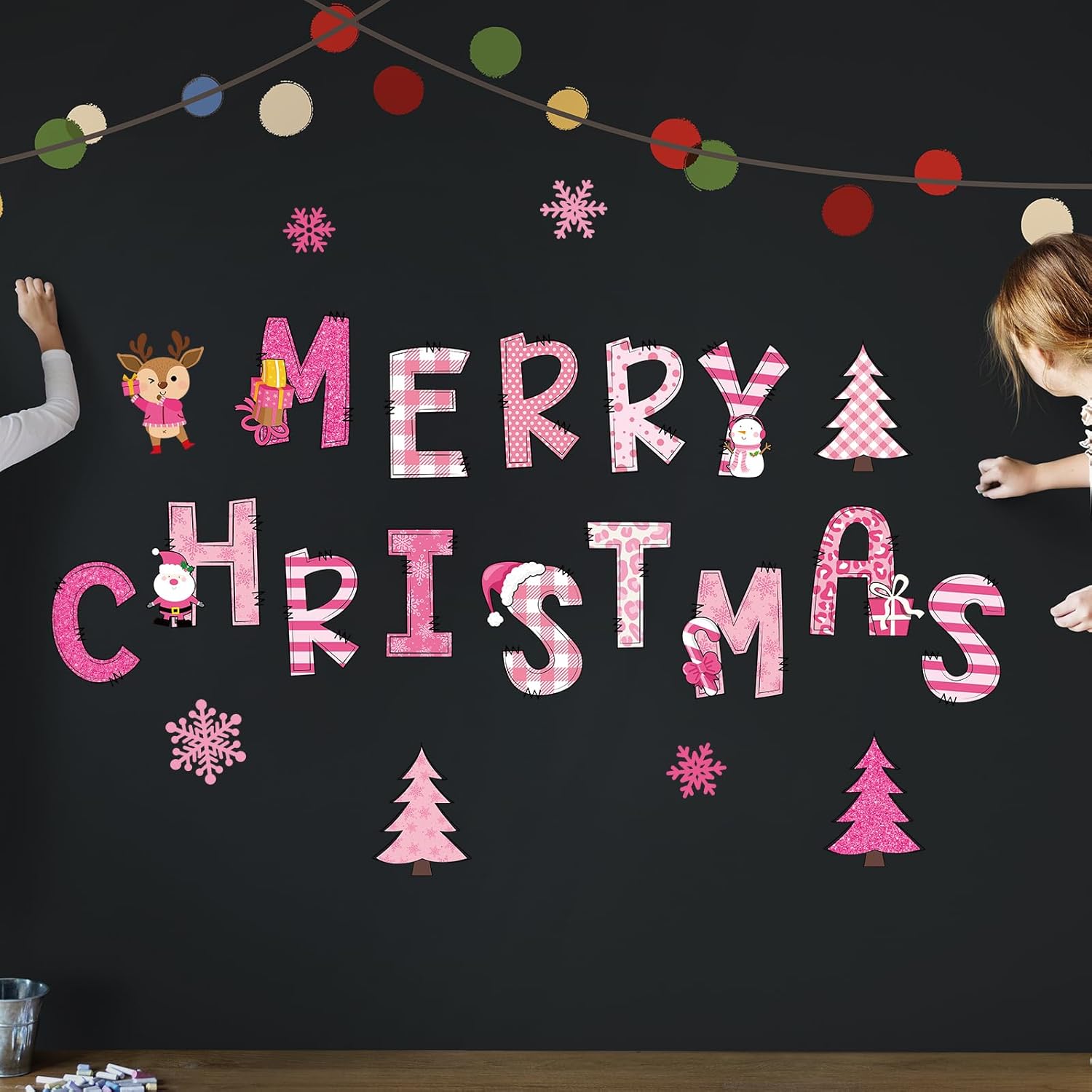 Whaline 22Pcs Merry Christmas Garage Door Magnets Decoration Pink Xmas Tree Santa Snowflake Garage Door Decals Cartoon Magnetic Refrigerator Stickers for Outdoor Party Home Car