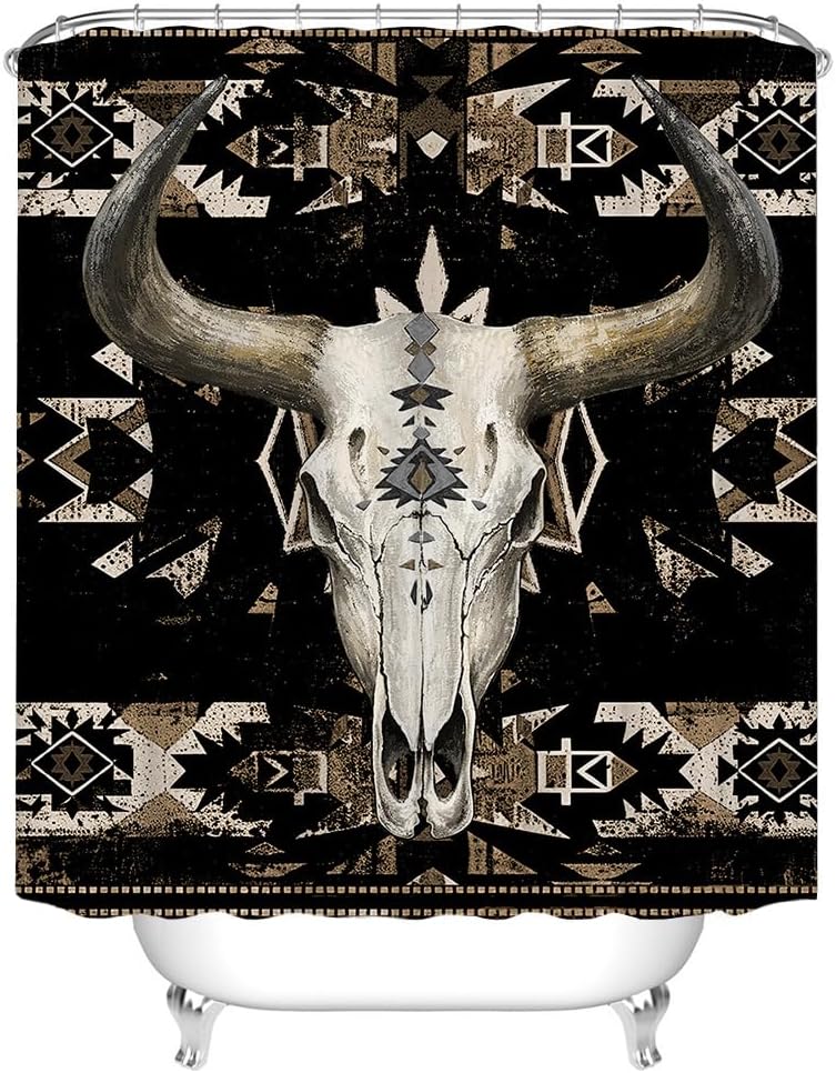 RnnJoile Aztec Shower Curtain Vintage Western Bath Curtain Bull Skull Bathroom Decor Black Brown with Hooks 72"x 72"