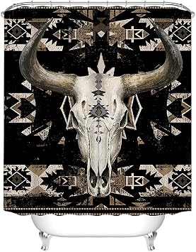 RnnJoile Aztec Shower Curtain Vintage Western Bath Curtain Bull Skull Bathroom Decor Black Brown with Hooks 72"x 72"