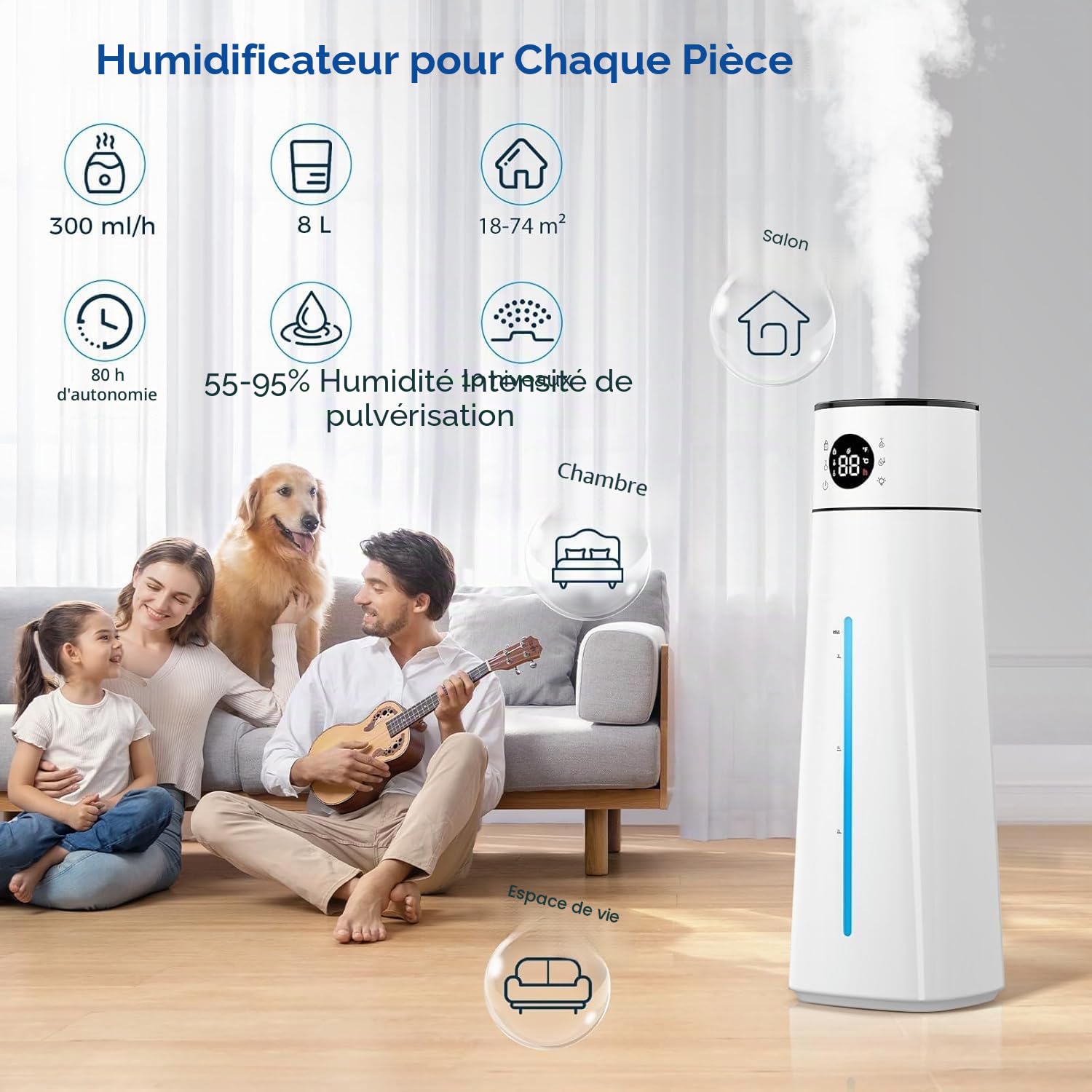 8L Humidificateur d'Air Chambre Top-Fill, 28 dB Ultra Silencieux/80H d'Autonomie/Minuterie 24 H, Veilleuse pour Bébés et Plantes, Large Humidificateur à Ultrasons 10 Niveaux de Brume pour Bureau