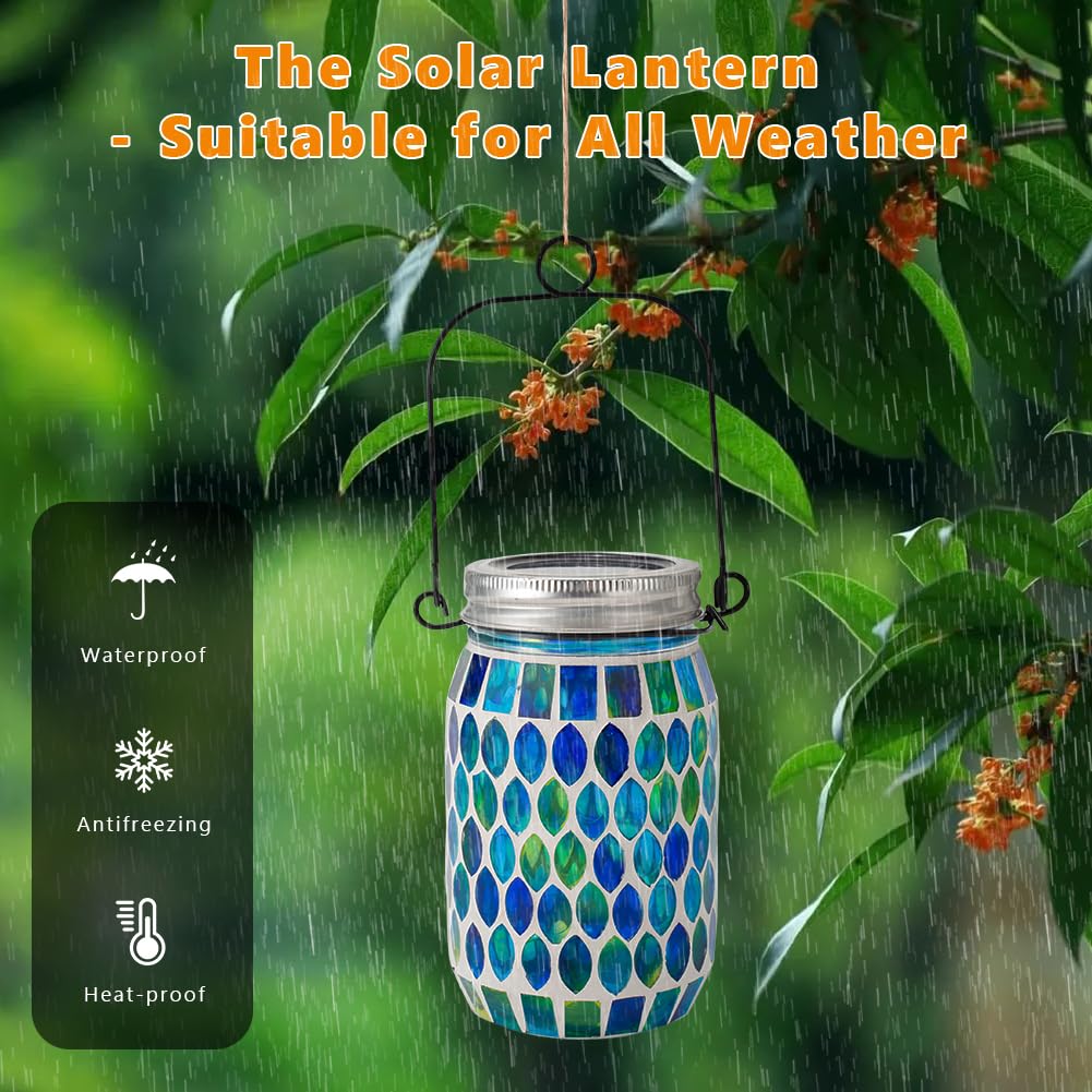 Starsoul Paquete de 4 faroles colgantes solares de mosaico para exteriores, impermeables, de cristal multiazul, luces solares de jardín, farol de mosaico al aire libre para exteriores, camino, patio