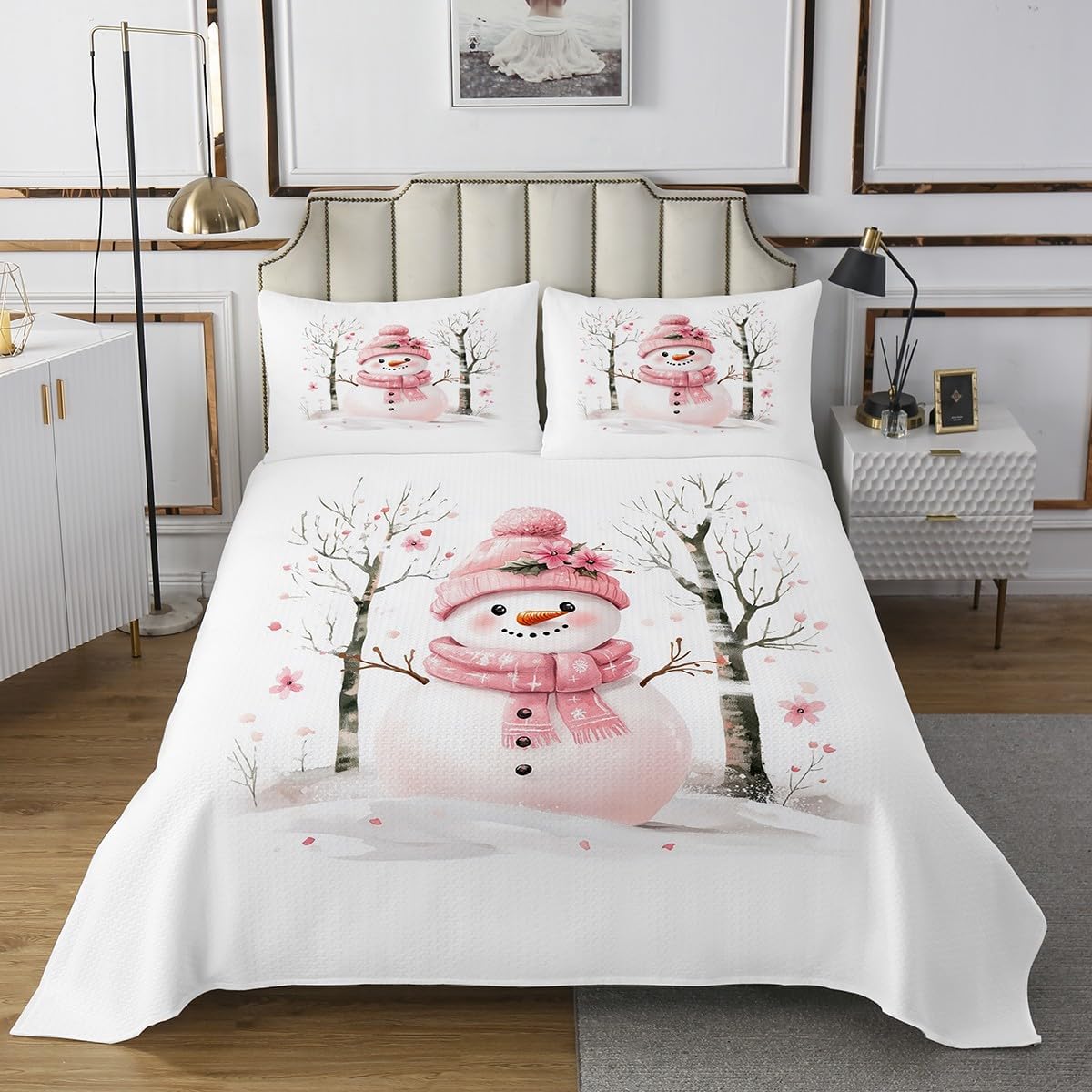 Erosebridal Christmas Tree Quilt Set Queen Kawaii Candy Bow Bedspread Bowknot Xmas Snowflake Coverlet Set for Kids Adults,Pink Green Cute Holiday Bedding Quilted