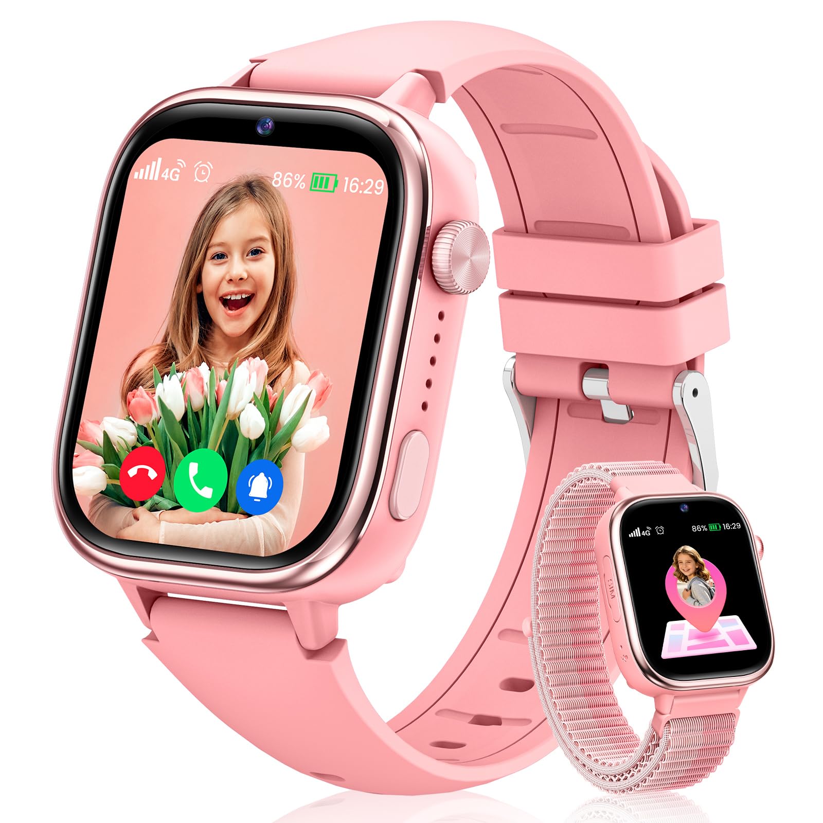 RUXINGX Smartwatch Kinder GPS, Kinderuhr mit Telefon und SOS (Rosa) | HD Videoanruf, Voice Chat, Schulmodus, Wecker, Schlafen, IP68 Wasserdicht, SMS, Schrittzähler, Geschenke für Mädchen Jungen