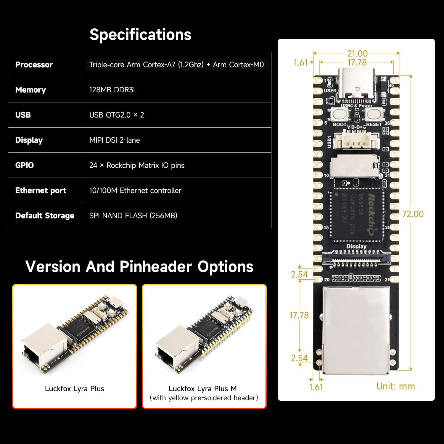Waveshare Luckfox Lyra Plus RK3506G2 Linux Micro Development Board, Integrates Tripe-core ARM Cortex-A7 and ARM Cortex-M0 Processors, with Ethernet Port, Without Header
