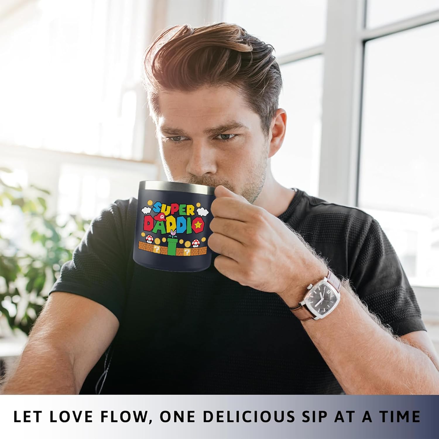 Gossby 14oz Super Daddio Travel Coffee Mug Tumbler - No. 1 Dad Nutrition Facts - Christmas, Fathers Day, Birthday Gift for Dad from Daughter Son Kid - Insulated Stainless Steel Cup with Handle - Image 6