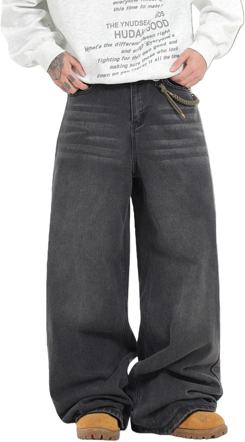QGRSWBC Men's Baggy Jeans Loose Fit Denim Pants Mid Waist Trousers Wide Leg Skater Jeans Y2K Streetwear