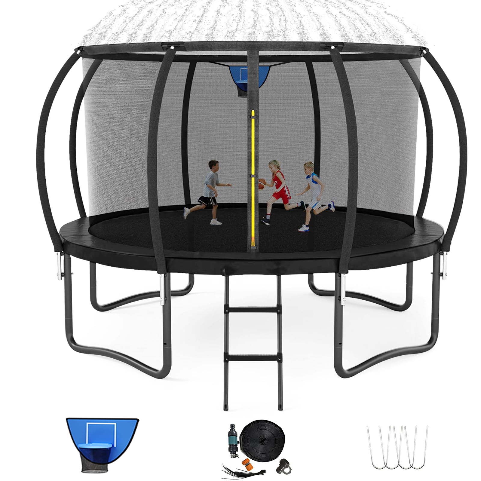 Liyarya Outdoor Trampoline, Recreational Trampolines for Kids/Adults with Enclosure Net Basketball Hoop, Sprinkler, Curved Poles and Ladder, Anti-Rust