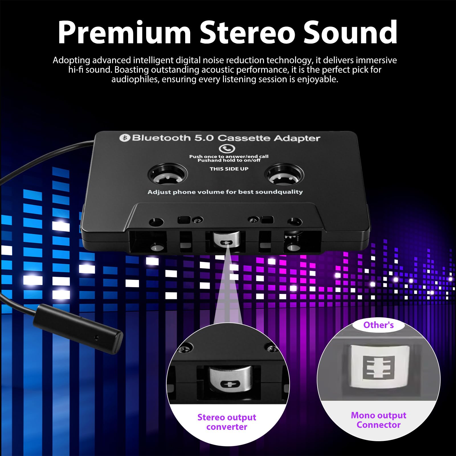 Adaptateur Cassette Bluetooth 5.0 pour Voiture, Récepteur Audio sans Fil avec Microphone Intégré pour Appels Mains Libres, Compatible avec Téléphones Portables, Tablettes et Lecteurs MP3