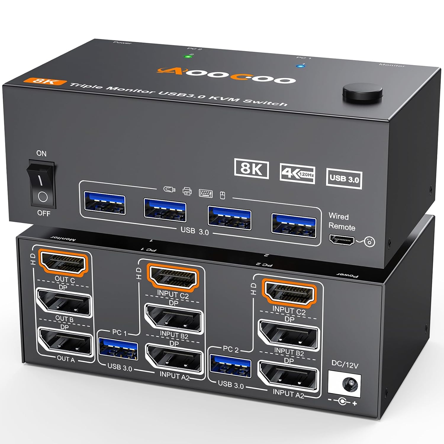 8K@60Hz HDMI2.1 Displayport KVM Switch 3 Monitors 2 Computers 4K@144Hz Triple Monitor KVM Switches with USB 3.0 Port,Wired Remote,Power Adapter and USB3.0 Cables(12cm 2 PC 3 Monitor 8K KVM)