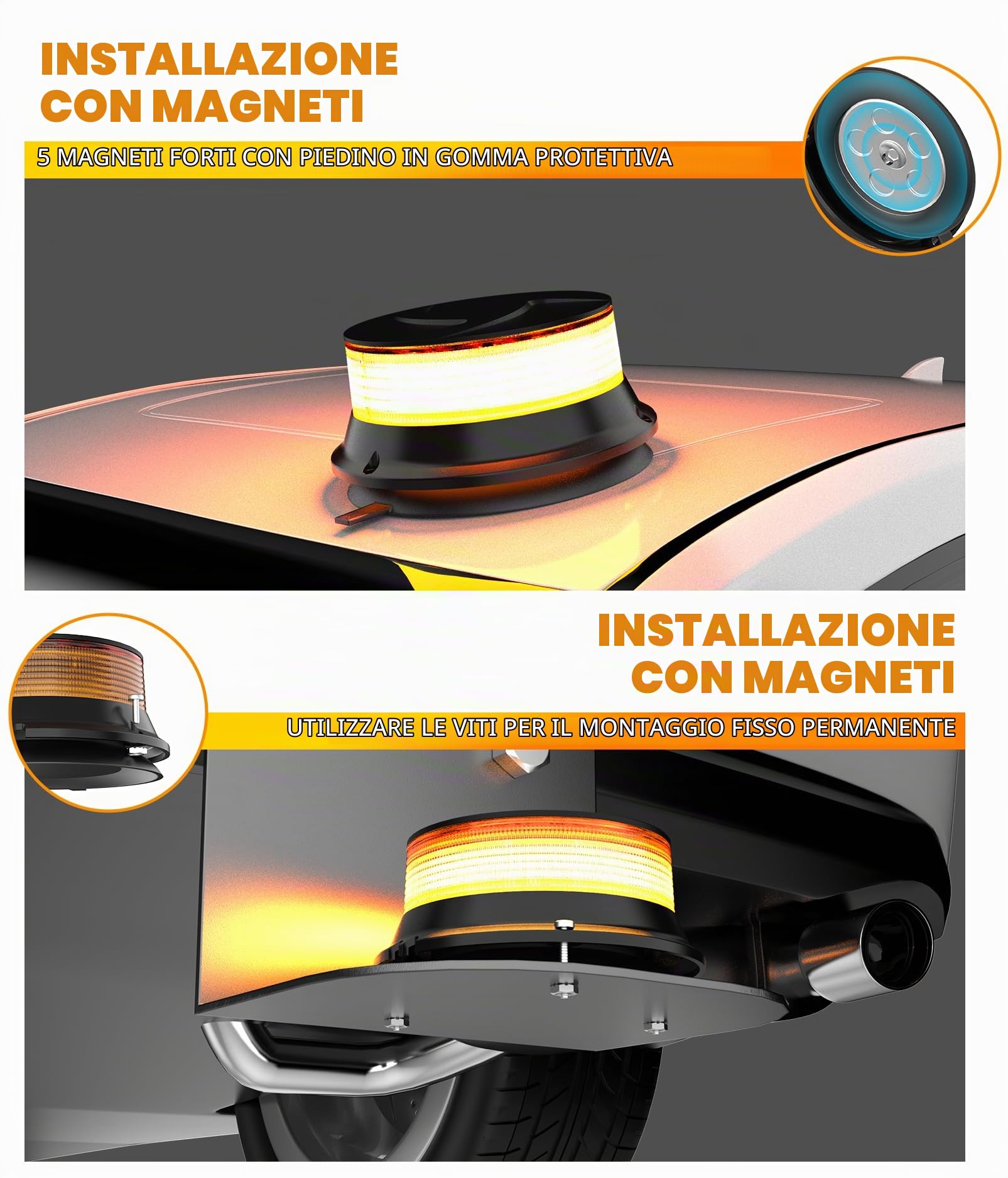 Luce stroboscopica ambra a LED, luci lampeggianti di sicurezza di avvertimento 12V-24V con base magnetica per camion spazzaneve,veicoli,carrelli elevatori,trattori,carrelli da golf,autobus