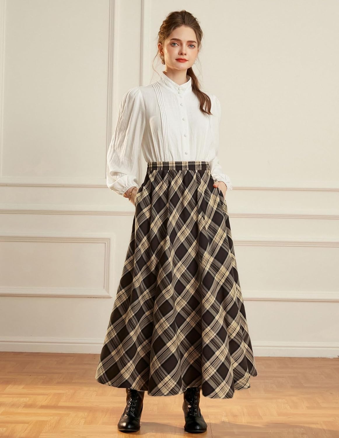 Scarlet Darkness Long Plaid Skirts for Women High Waist A Line Pleated Fall Maxi Skirts - Image 2