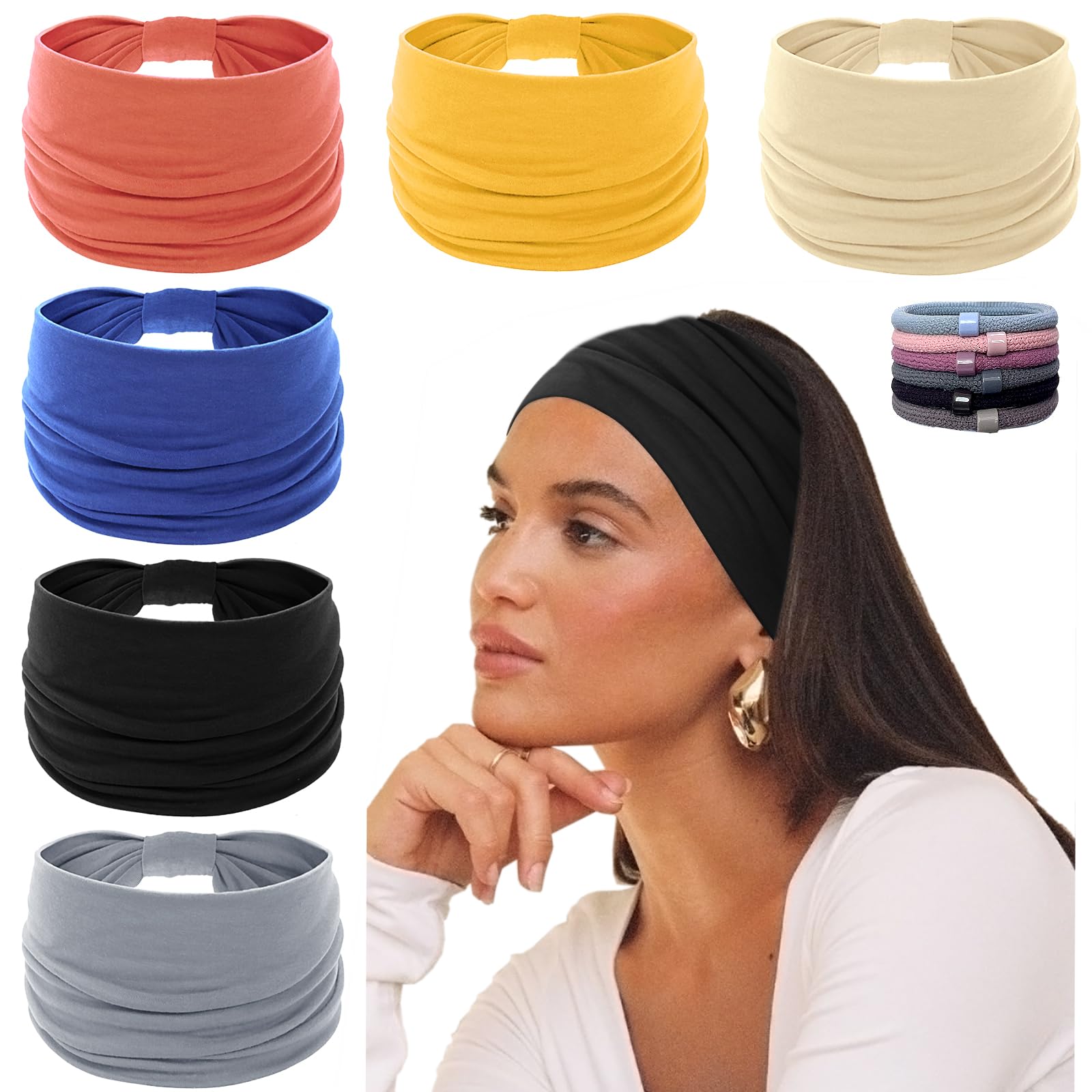 KU Wide Headbands for Women Non Slip 6 Pack Soft Elastic Hair Bands Sports Yoga Running Gym Workout Knotted Head Wraps, Cotton Cloth African Turbans Solid Color Bandana-with 6 Pcs Hair Ties-image-6