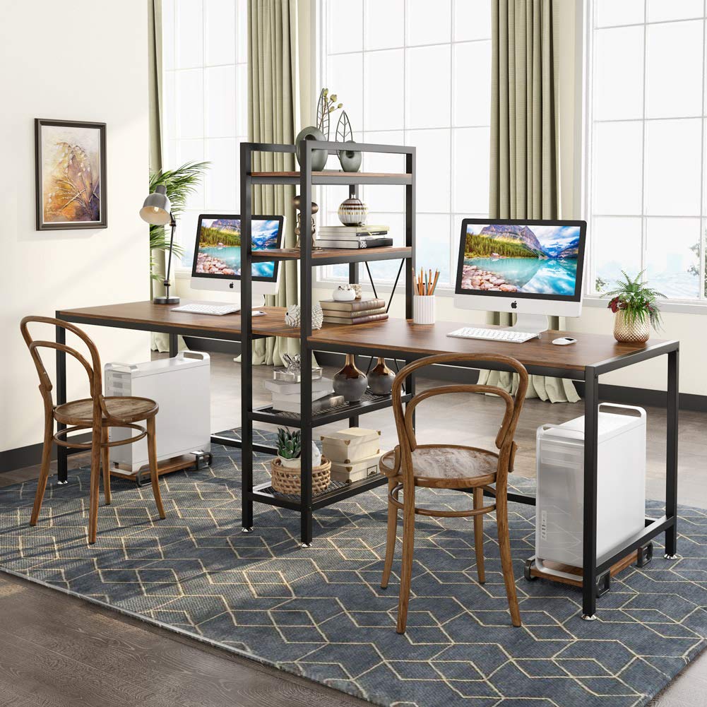 Tribesigns Two Person Computer Desk with Bookshelf, 89 Inches Office Double Desk with 2 CPU