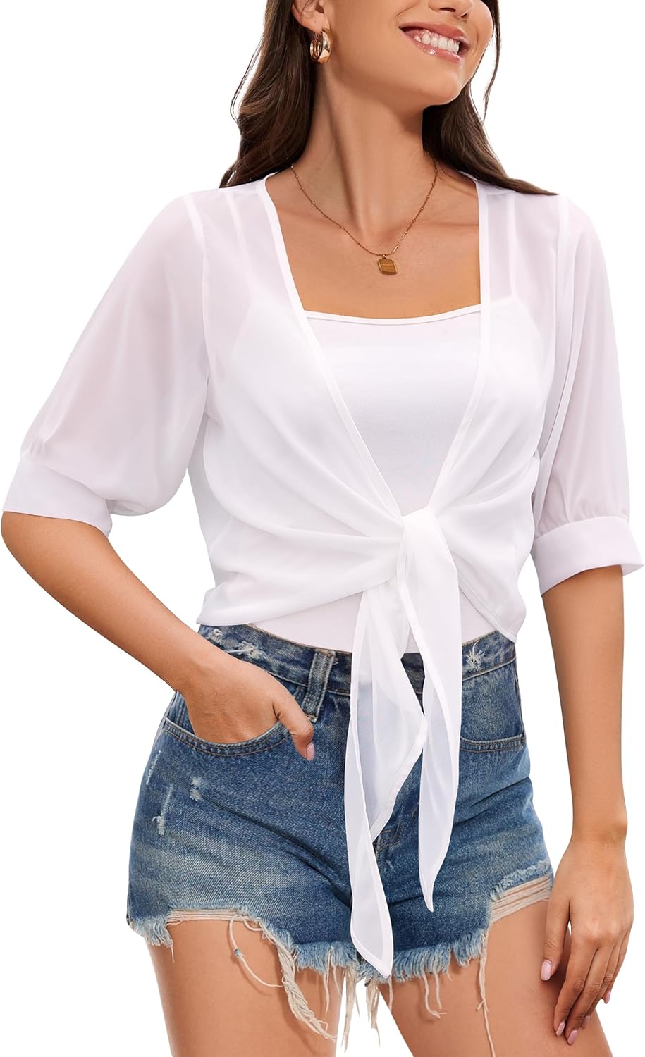 Women Shrug Cardigans Soft Chiffon Summer Tops 3/4 Sleeve Lightweight Cropped Cardigan Tie Front Bolero for Dresses