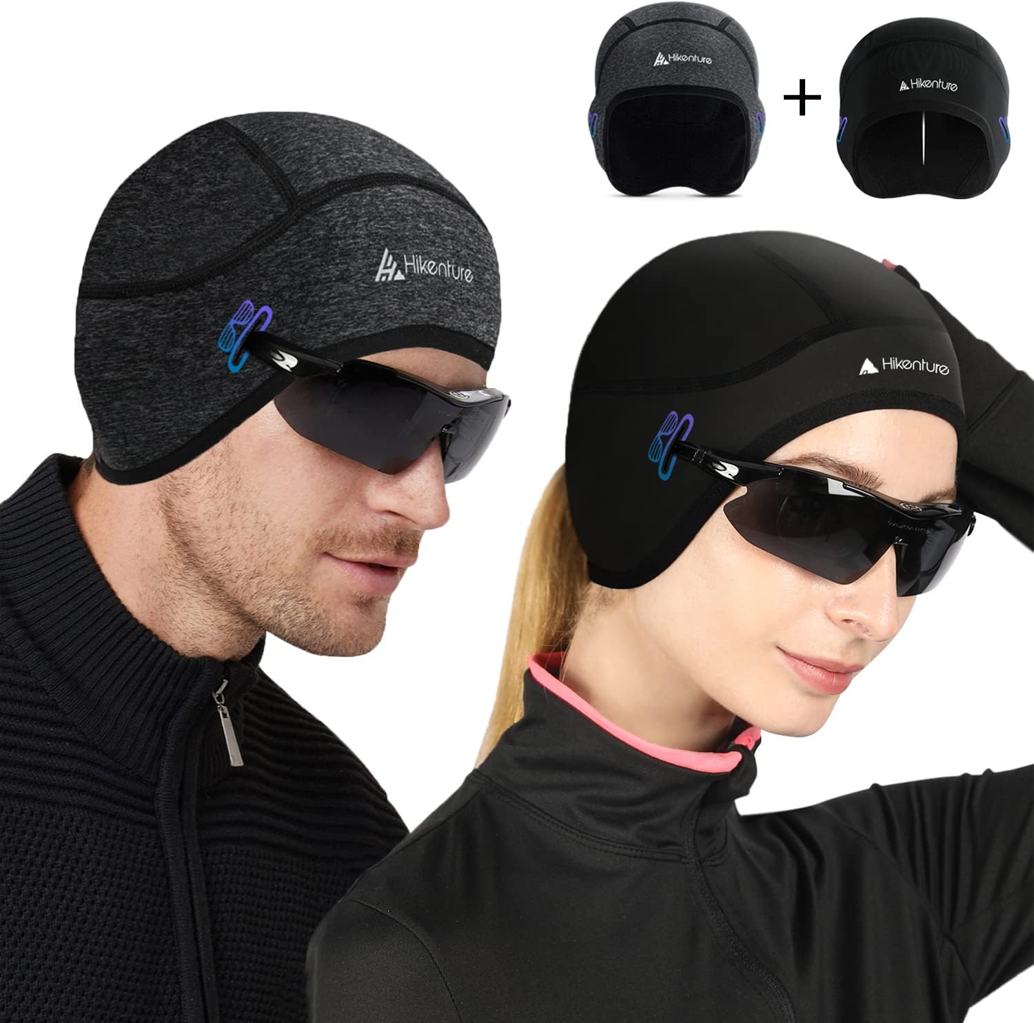 Hikenture Skull Cap Helmet Liner for Men and Women(2-Pack), Winter Thermal Cycling Cap for Men & Women, Running Cap for Men and Cycling Hat Beanie with Ponytail for Women