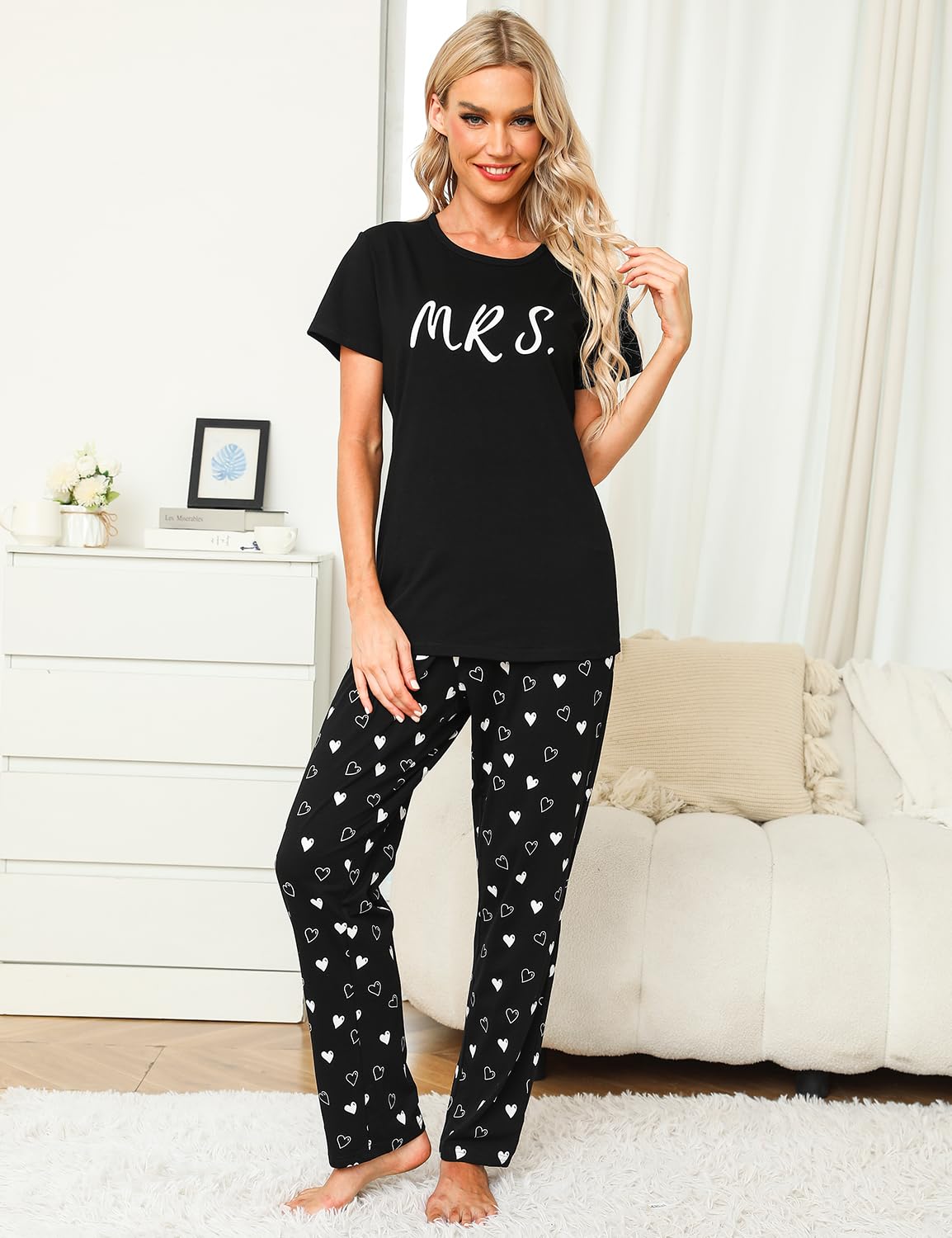 EISHOPEER Pijamas de algodón a juego para parejas, lindos conjuntos de pijama de manga corta y pantalones largos