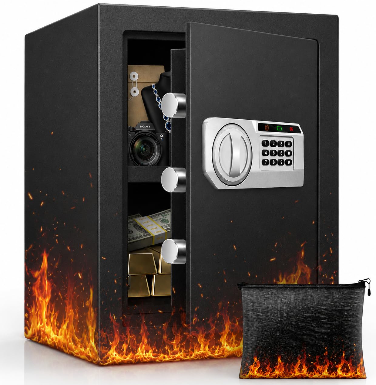 Caja fuerte ignífuga impermeable para el hogar, caja de seguridad digital electrónica de acero, caja de seguridad personal con sensor de luz LED y compartimento de alimentación externo para