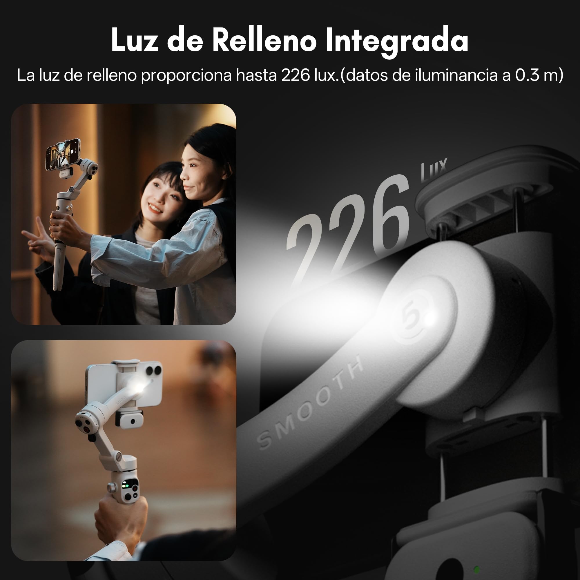 ZHIYUN Smooth Q5 Ultra Estabilizador Móvil con Integrada Luz de Relleno | Gimbal iphone, Barra de Extensión, Trípode, Portátil y Plegable, Estabilizador Smartphone para Volgging, TikTok
