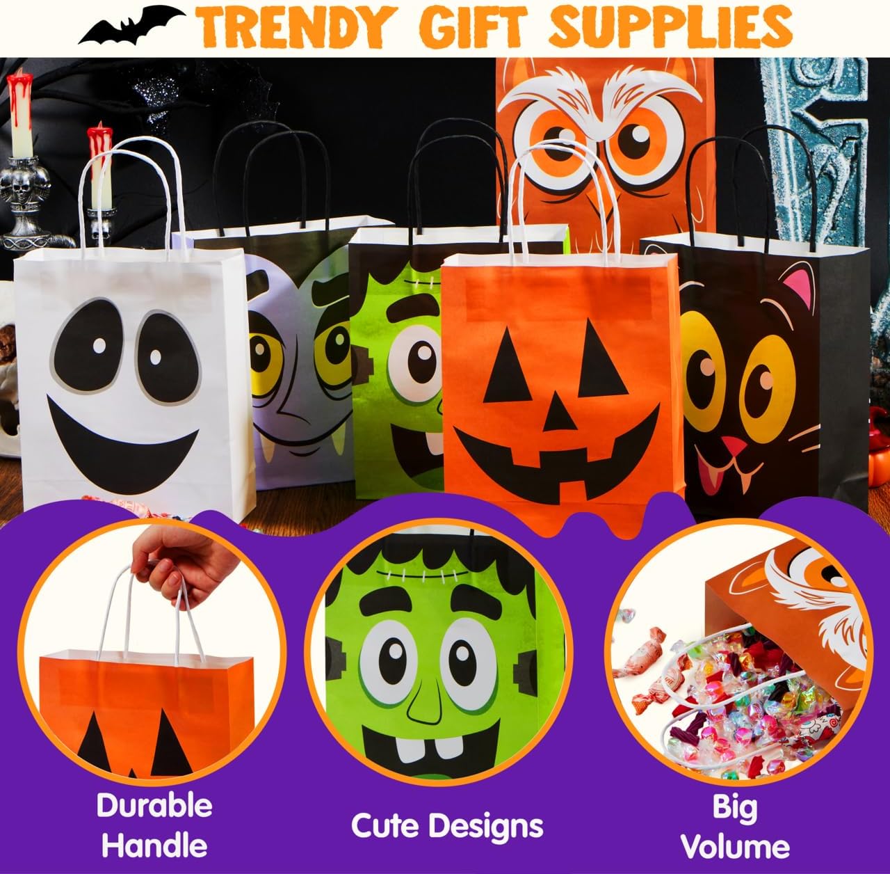 JOYIN 24 Pcs Halloween Colorful Paper Gift Bags with Handles for Trick-or-Treating, Halloween Candy Goodie Bags for Party Favors and Supplies image 3