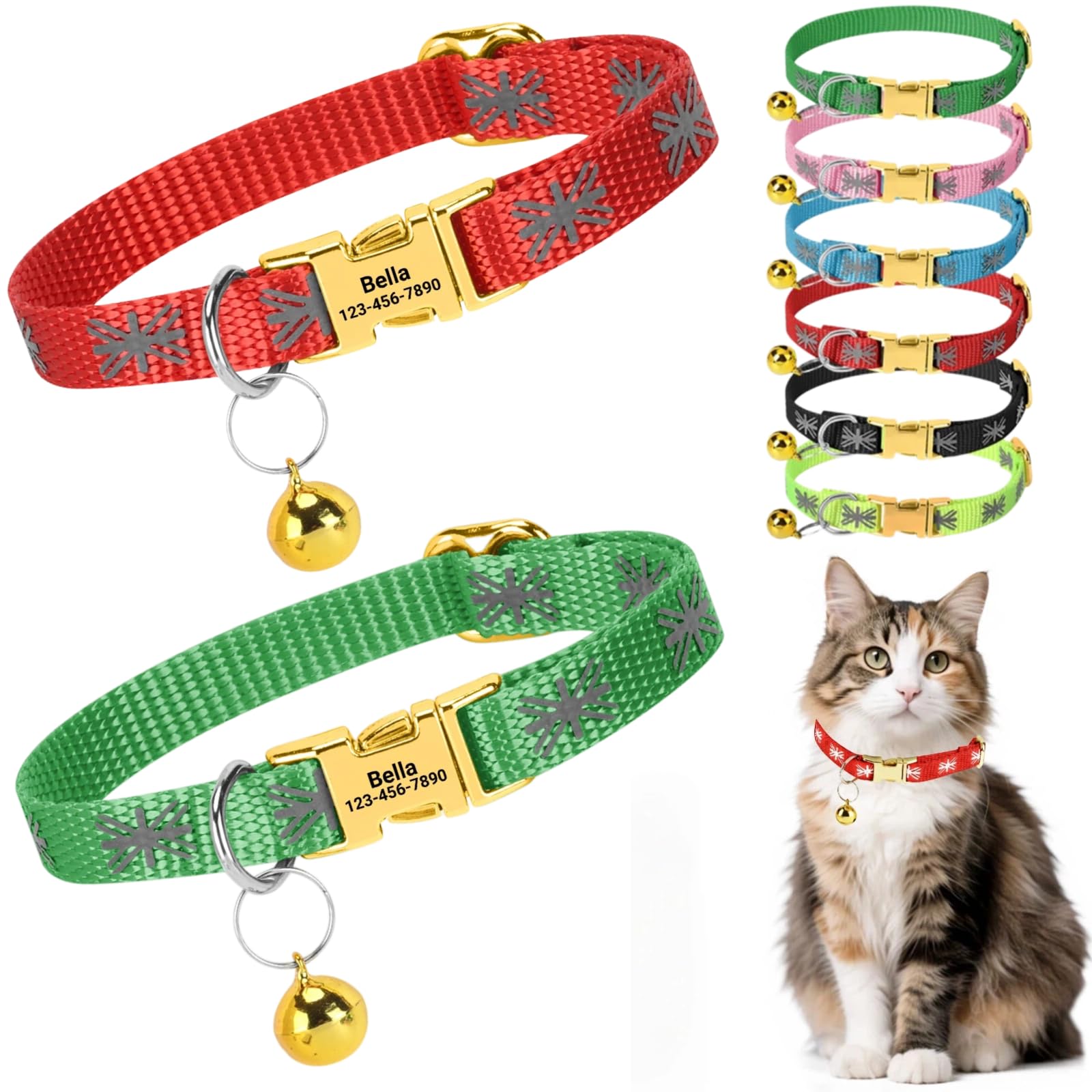 2 Pack Personalised Cat Collar with Custom Engraved Name Tag Quick Release Metal Buckle Reflective Kitten Collar with Bell Adjustable 19-29cm for Boys and Girls (Red+Green) — image 1