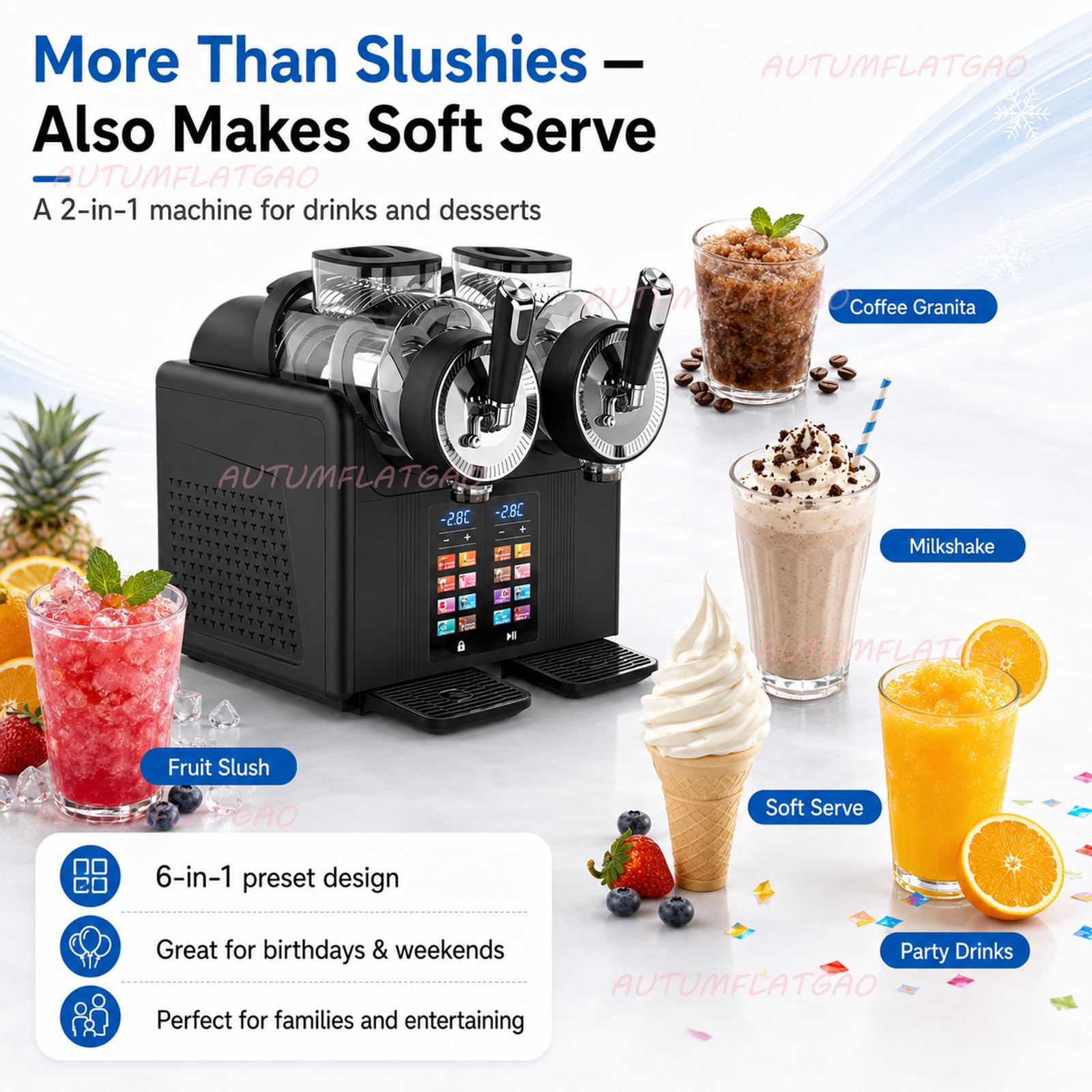 Macchina per Granita E Gelato Soft 2 in 1, Gelatiera con Doppio Serbatoio da 2 L, Macchina per Granite per Casa, 6 Programmi Preimpostati, per Feste E Piccolo Bar Black