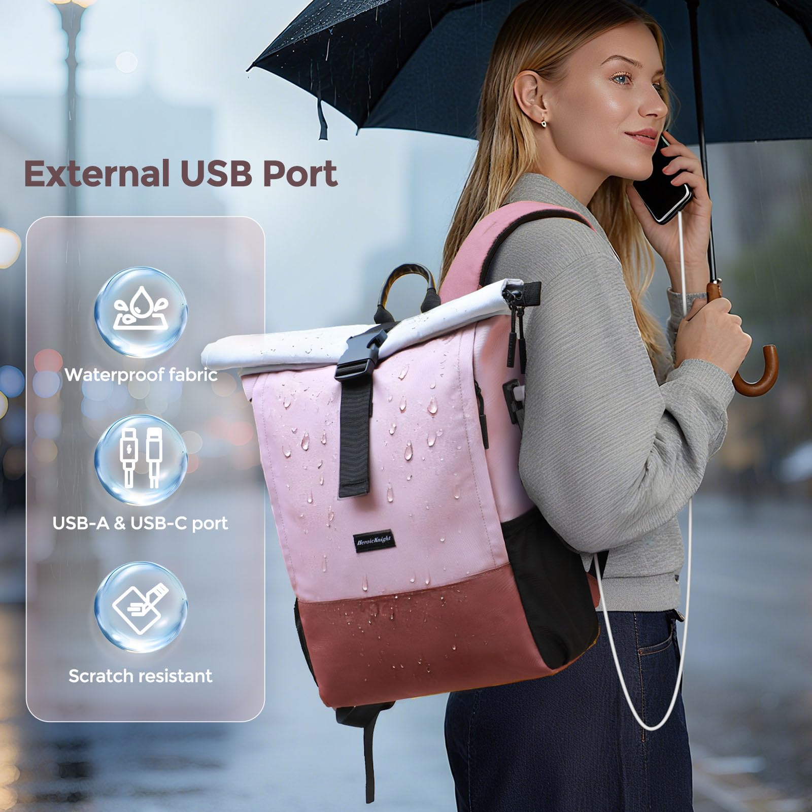 hk Sac à Dos Roll Top Femme pour Ordinateur Portable 15,6 Pouces Léger | Port USB imperméable grande capacité pour travail université voyage randonnée camping