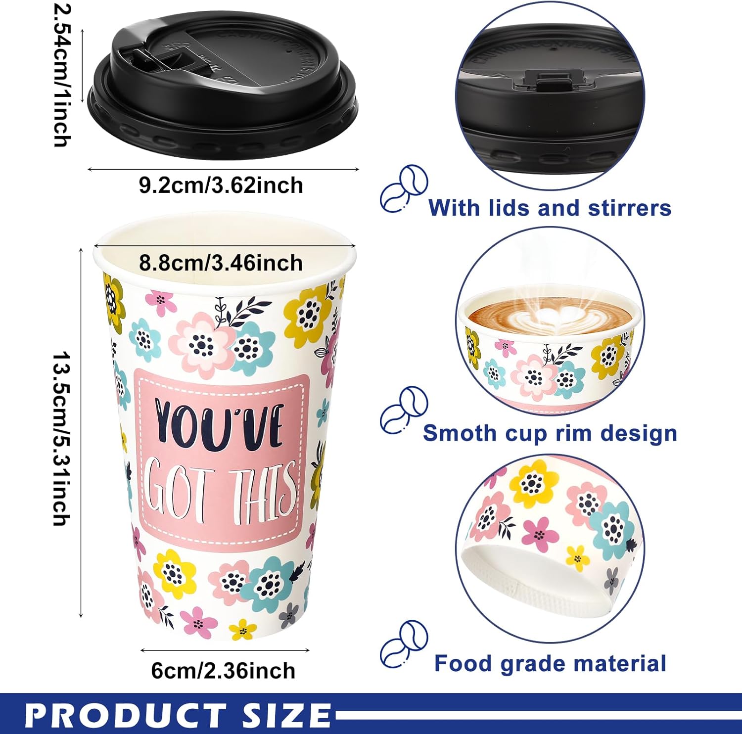 100 Pack 16 oz Disposable Coffee Cups with Lids,Motivational Paper Hot Cups with 5 Quotes for Hot and Cold Beverages,Coffee,Tea,Water,Juice - Image 3