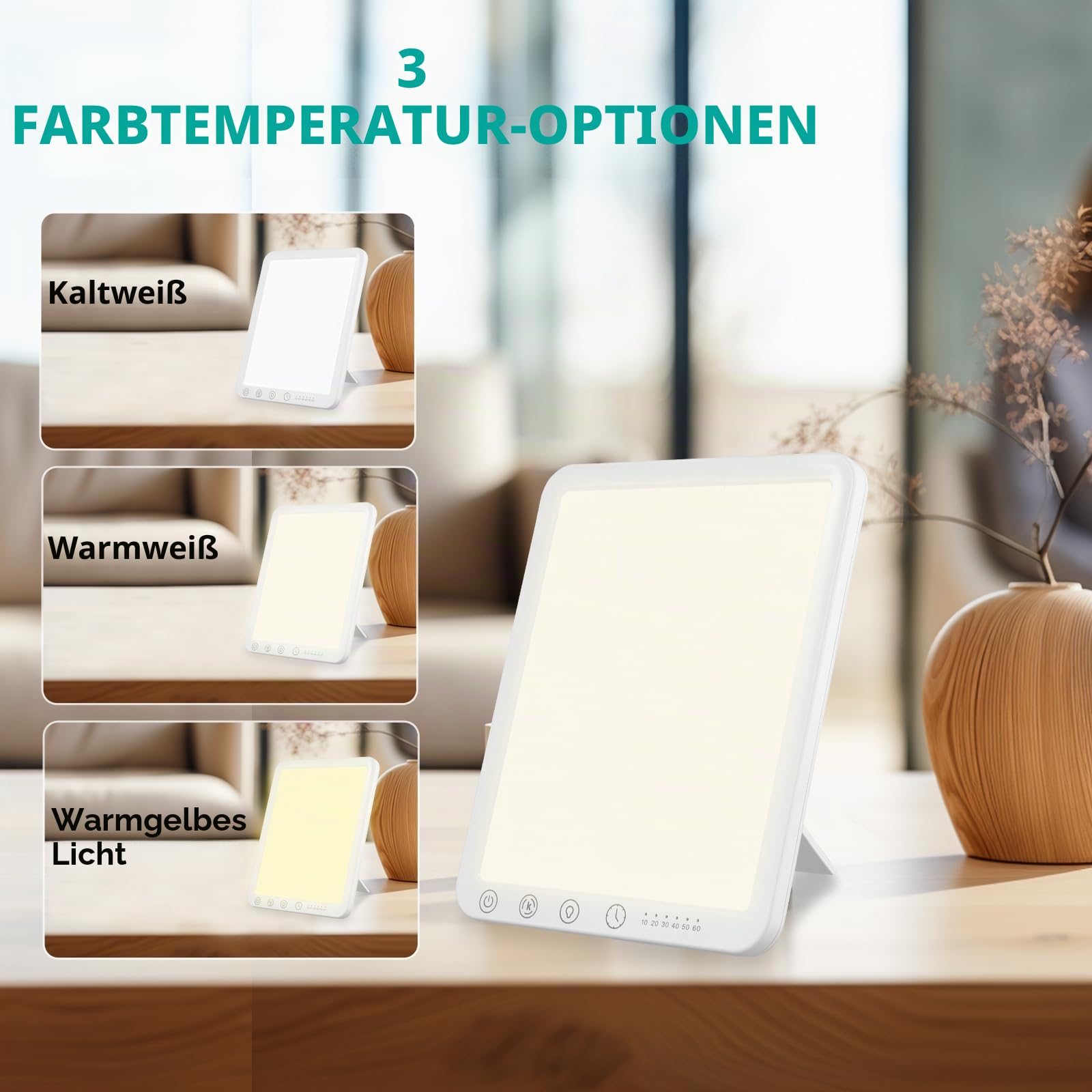 Tageslichtlampe 10000 Lux, LED Lichttherapielampe Tageslicht mit 3 Farbtemperaturen 6 Timer, LED Daylight Lampe, Touch-Control Sonnenlicht Lampe, Vollspektrumlampe für Zuhause/Büro (Rechteck)