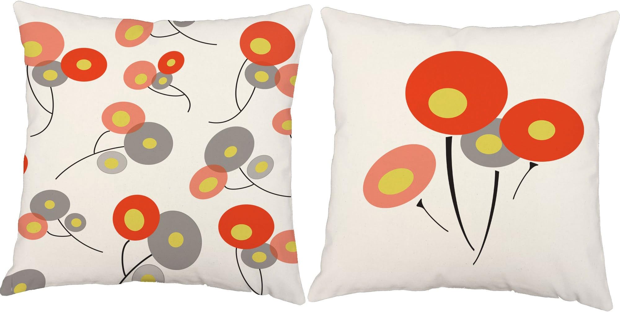RoomCraft Set of 2 Retro Red Poppies Throw Pillows 20x20 Square White Indoor-Outdoor Geometric Floral Cushions