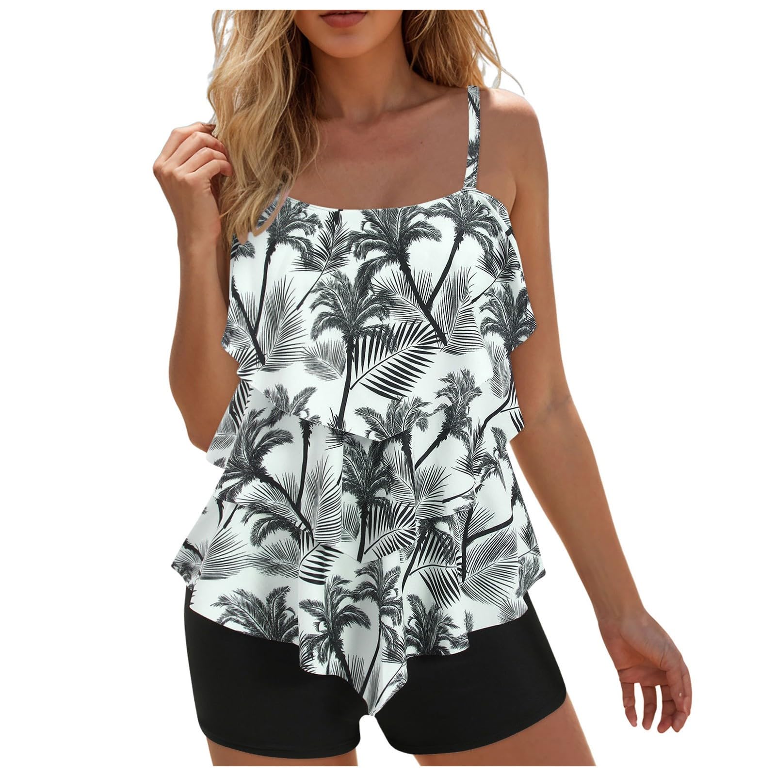 Bañadores Mujer 2 Piezas Tankini Conjunto Bikini Top y Bottom Tirantes Control Barriga Cintura Alta Cuello V Push Up
