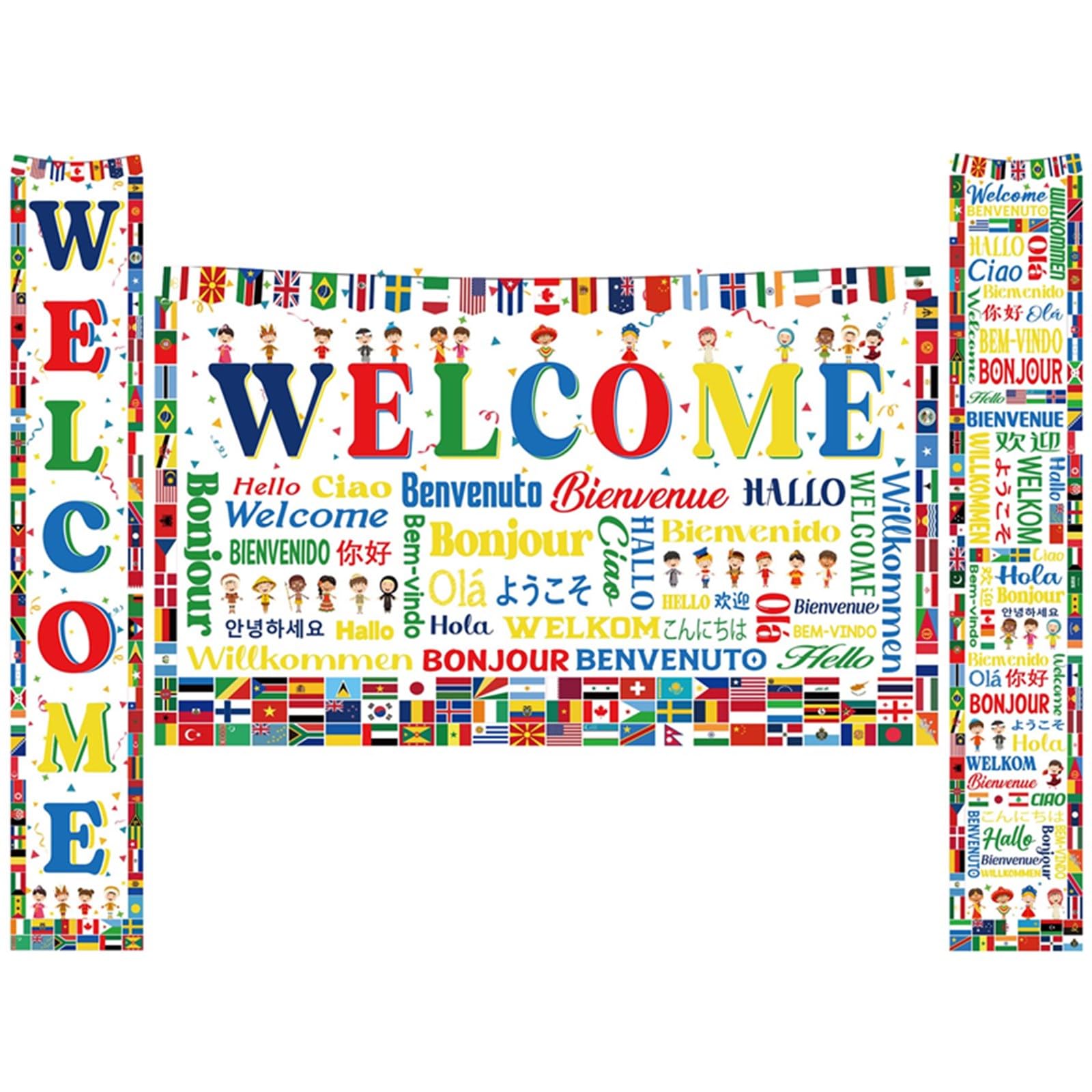 Maritown International Welcome Banners World Flags Backdrop Welcome Country Flags Porch Sign Multicultural Decorations for International Sports Events Club Office School Classroom Celebration Decor