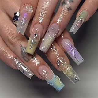 IMRAIN Press on Nails Square Long Colorful French Tips Fake Nails Extra Long Glossy Full Cover Artificial False Nails with Pearl Butterfly Designs Stick on Nails for Women