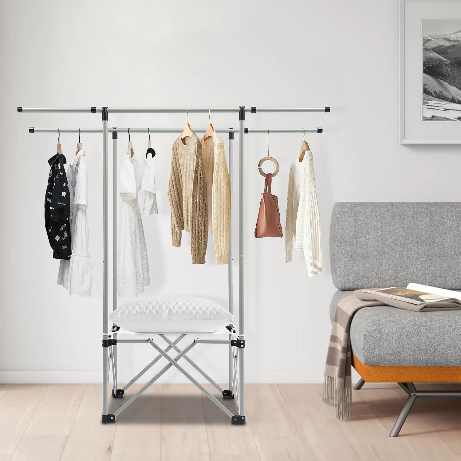 Folding Clothing Rack Expandable Laundry Stand Large Capacity Side Shelves Adjustable Closet Shelves Garment Rack for Indoor Outdoor Use (Silver Grey, Small)