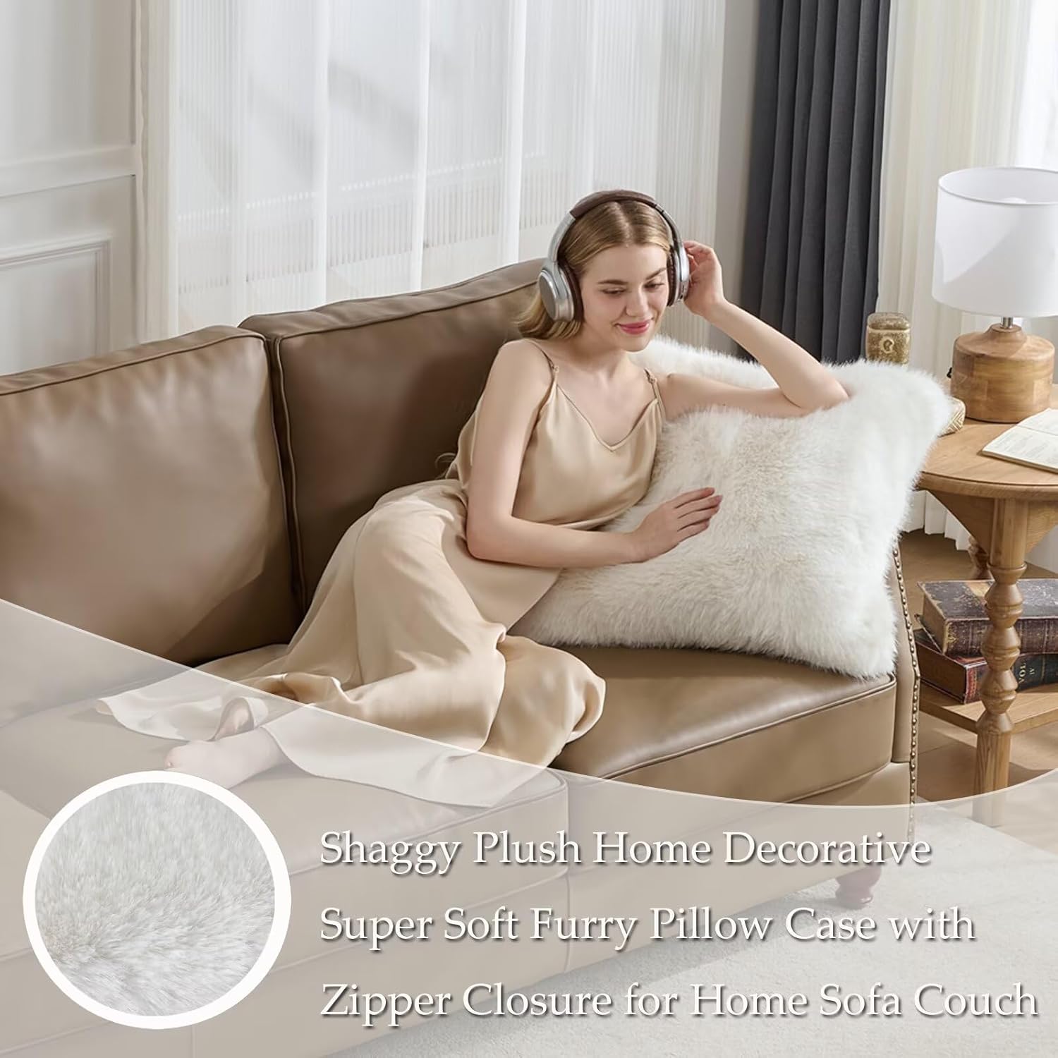 24x24 Inch Beige Decorative Throw Pillow Covers Set of 2,Soft Fluffy Faux Fox Fur Couch Pillow Covers Fluffy Soft Decorative for Home Living Room Bedroom