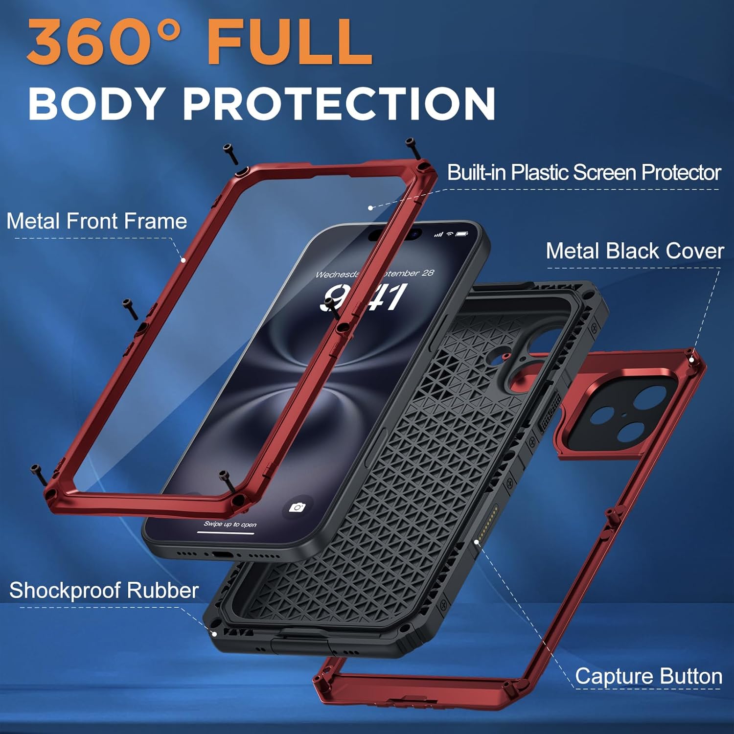 Beasyjoy for iPhone 16 Plus Case Waterproof, Metal Heavy Duty Full Body Protective Case with Built-in Screen Protector, Military Grade Shockproof Dustproof Defender Case for Work Sport 6.7", Red