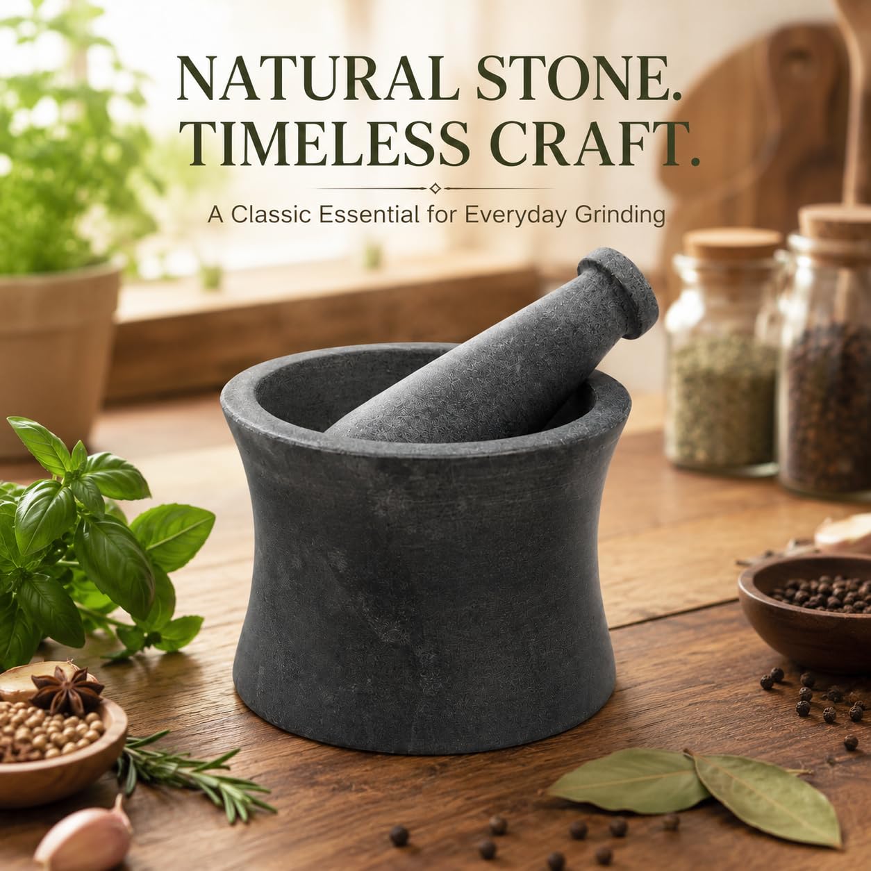 Mörser und Stößel, hergestellt aus robustem, poliertem Hartstein, Natursteinmahlwerk für Gewürze, Pasten, Kräuter, Würzmittel usw. (Dual Side Classic)