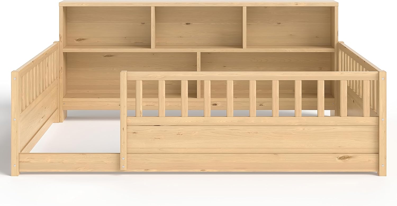 Bellemave Montessori Full Floor Bed with 21.4" High Fence & Storage Bookcase, Solid Wood Kids Floor Bed Frame, Low to Ground Floor Beds Full for Kids, Girls & Boys, No Slats, Natural